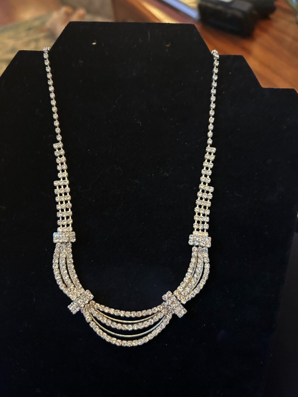 Rhinestone Swag Festoon Bib Necklace Triple Drape Silver Bridal Prom Formal